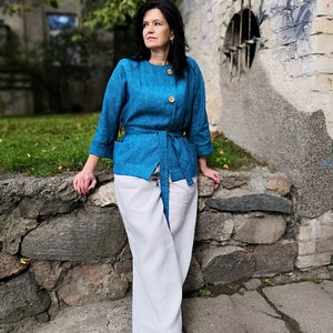 Linen jacket, linen cardigan, jacket with belt, kimono jacket,kimono blazer long sleeves, linen blazer with pockets, Turquoise blue