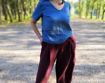 Wide leg linen capris, loose fit womens cullotes ,natural washed linen capris, plum violet trousers, cullotes with pockets