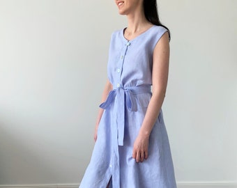 Linen loose light blue double-sided summer sleeveless dress with buttons, linen loose tunic with shell buttons