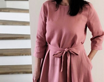 Long loose linen dress with 3/4 sleeves and belt