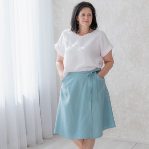 High waist linen wrap short skirt with pockets, loose linen knee length casual skirt, A-line linen everyday skirt MaTuTu Linen Style image 6