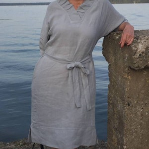Loose linen light blue shift dress with kimono sleeves, washed and soft linen modern minimalist midi linen summer dress with ruffle neckline