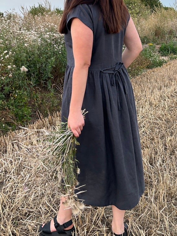 dark grey linen dress Heavyweight Linen Midi Dress - Gray Linen Dress - Linen Dress with Pockets - Boho Linen Dress with Belt main image 0