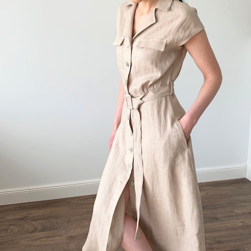 Washed Linen Beige Safari Summer Mid Dress with Pockets Belt and Collar, Light Brown Linen Mid Calf Shirtdress with White Shells Buttons