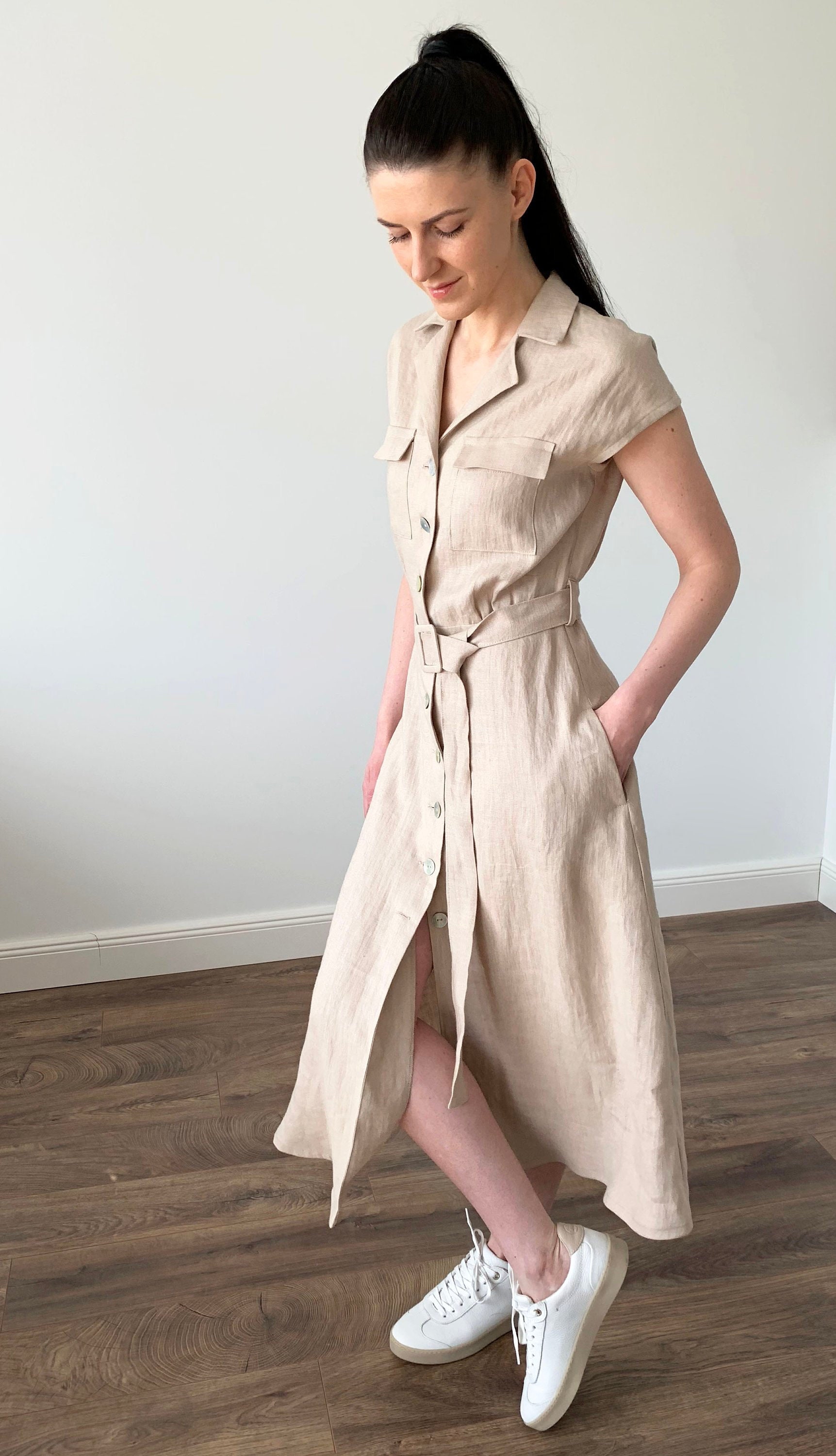 Washed linen beige safari summer mid dress with pockets belt and collar, light brown linen mid calf shirtdress with White shells buttons