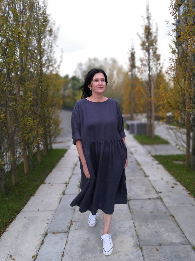 Soft linen loose 3/4 sleeves drop-off shoulders dress with pockets, graphite grey soft washed linen loose midi summer dress image 2