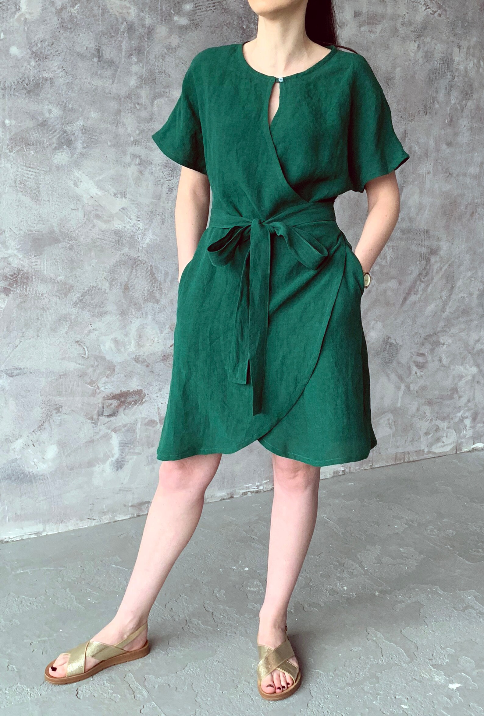 Linen Loose Kimono Wrap Summer Dress With Pockets Emerald Etsy