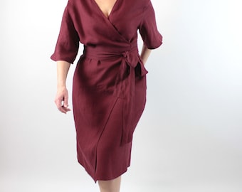 Linen drop-off shoulder wrap dress with pockets and deep V neckline, comfortable marsala red color linen dress with elbow sleeves, MaTuTu