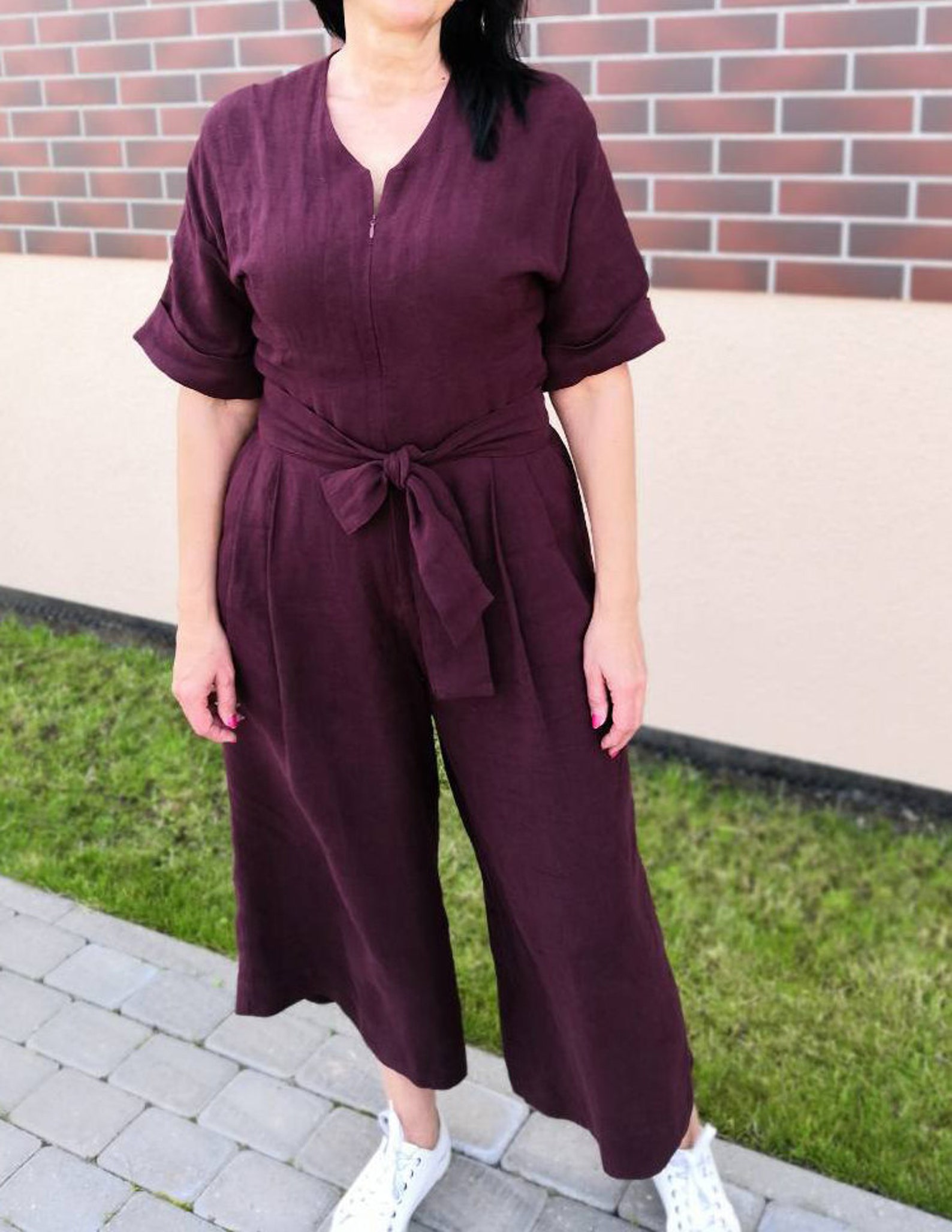 Plum Linen Overlap Jumpsuit