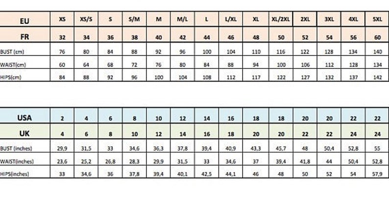 May include: Size chart for clothing with measurements in inches and centimeters. The chart includes sizes from XS to 5XL, with corresponding measurements for bust, waist, and hips.