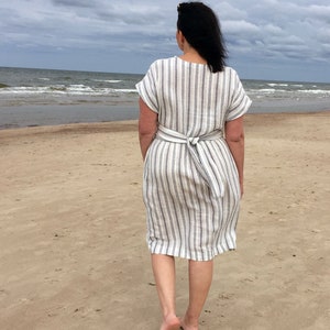 Straight washed striped linen mid calf dress with short kimono sleeves and pockets, deep V-neck linen sundress with belt image 7