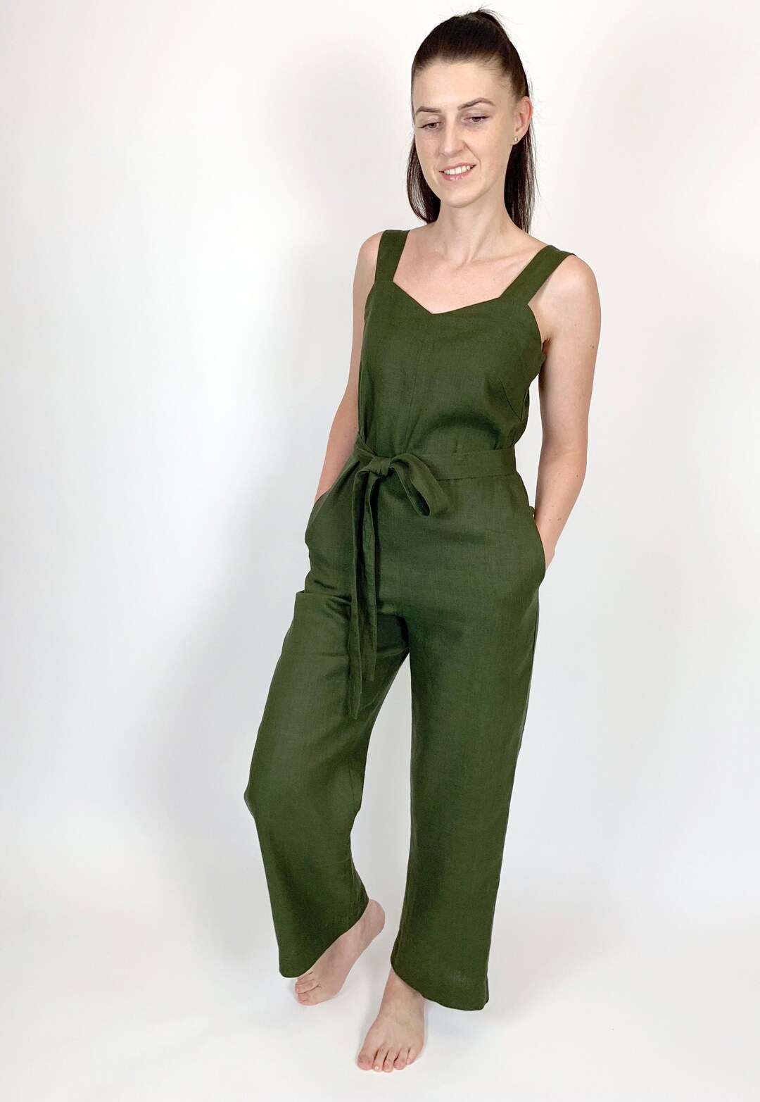 Linen Sleeveless Jumpsuit With Belt and Pockets, Loose Linen Dark Moss ...