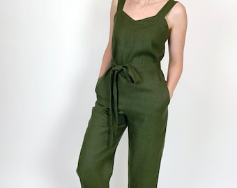 Linen sleeveless jumpsuit with belt and pockets, loose linen dark moss green overroll, comfortable pure washed linen romper with belt