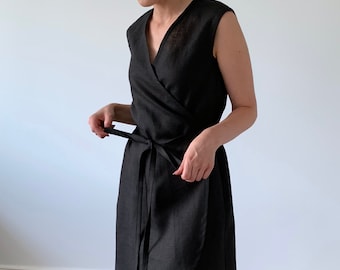 Washed linen sleeveless wrap dress with pockets, black summer midi comfortable linen dress, MaTuTu Linen Style