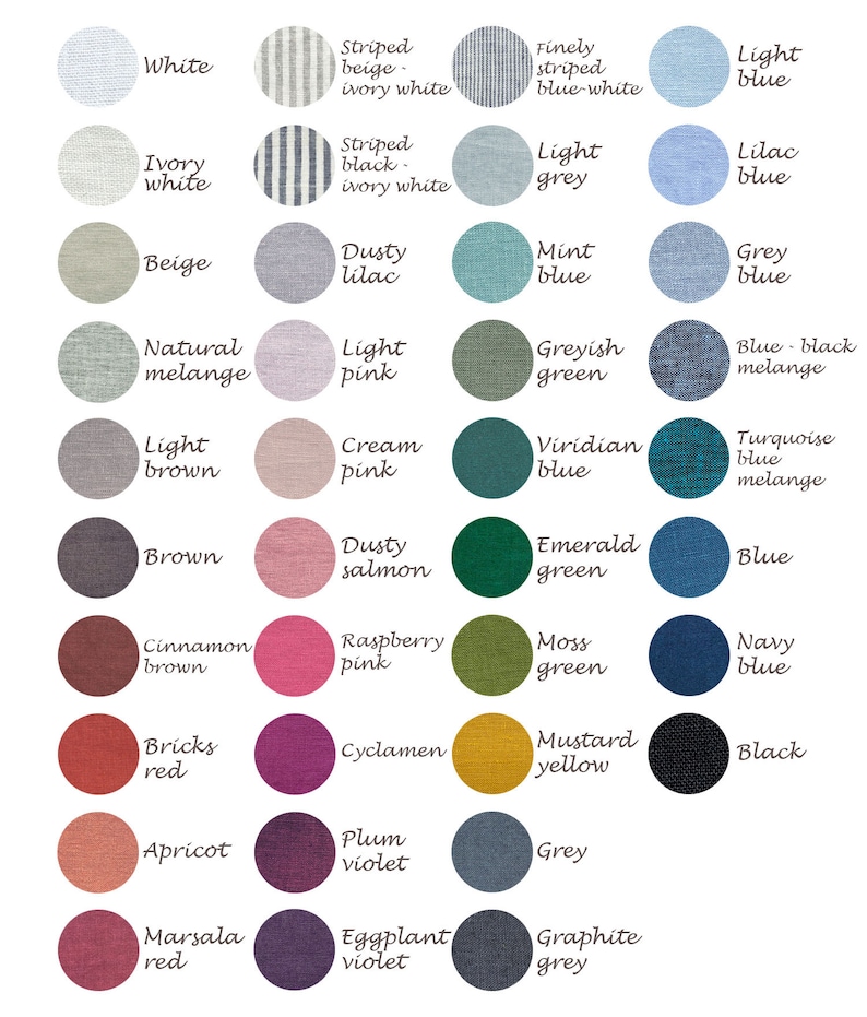 May include: A color chart of 48 fabric swatches, each with a different color and texture. The swatches are arranged in a grid pattern, with each row representing a different color family. The colors include white, ivory, beige, light brown, brown, cinnamon brown, bricks red, apricot, marsala red, striped beige, striped black, dusty lilac, light pink, cream pink, dusty salmon, raspberry pink, cyclamen, plum violet, eggplant violet, finely striped blue white, light grey, mint blue, grey blue, greyish green, viridian blue, emerald green, moss green, mustard yellow, grey, graphite grey, light blue, lilac blue, blue black melange, turquoise blue melange, blue, navy blue, and black.