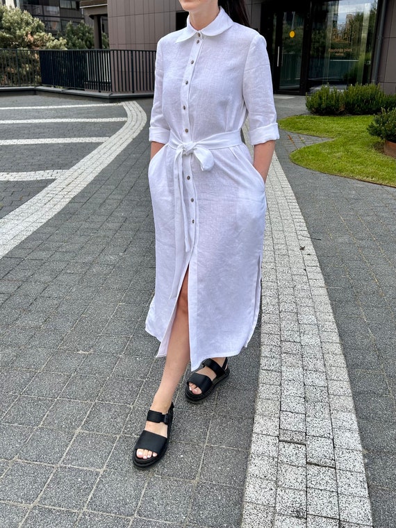 White washed linen dress- linen shirt dress with pockets and belt-casual dress -button-up dress White washed linen dress- linen shirt dress with pockets and belt-casual dress -button-up dress