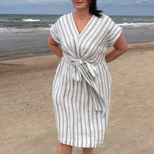 Straight washed striped linen mid calf dress with short kimono sleeves and pockets, deep V-neck linen sundress with belt image 3