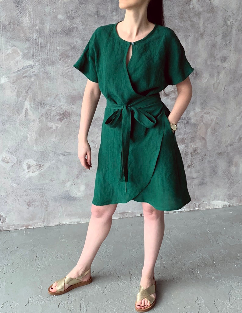 Linen Loose Kimono Wrap Summer Dress With Pockets Emerald - Etsy