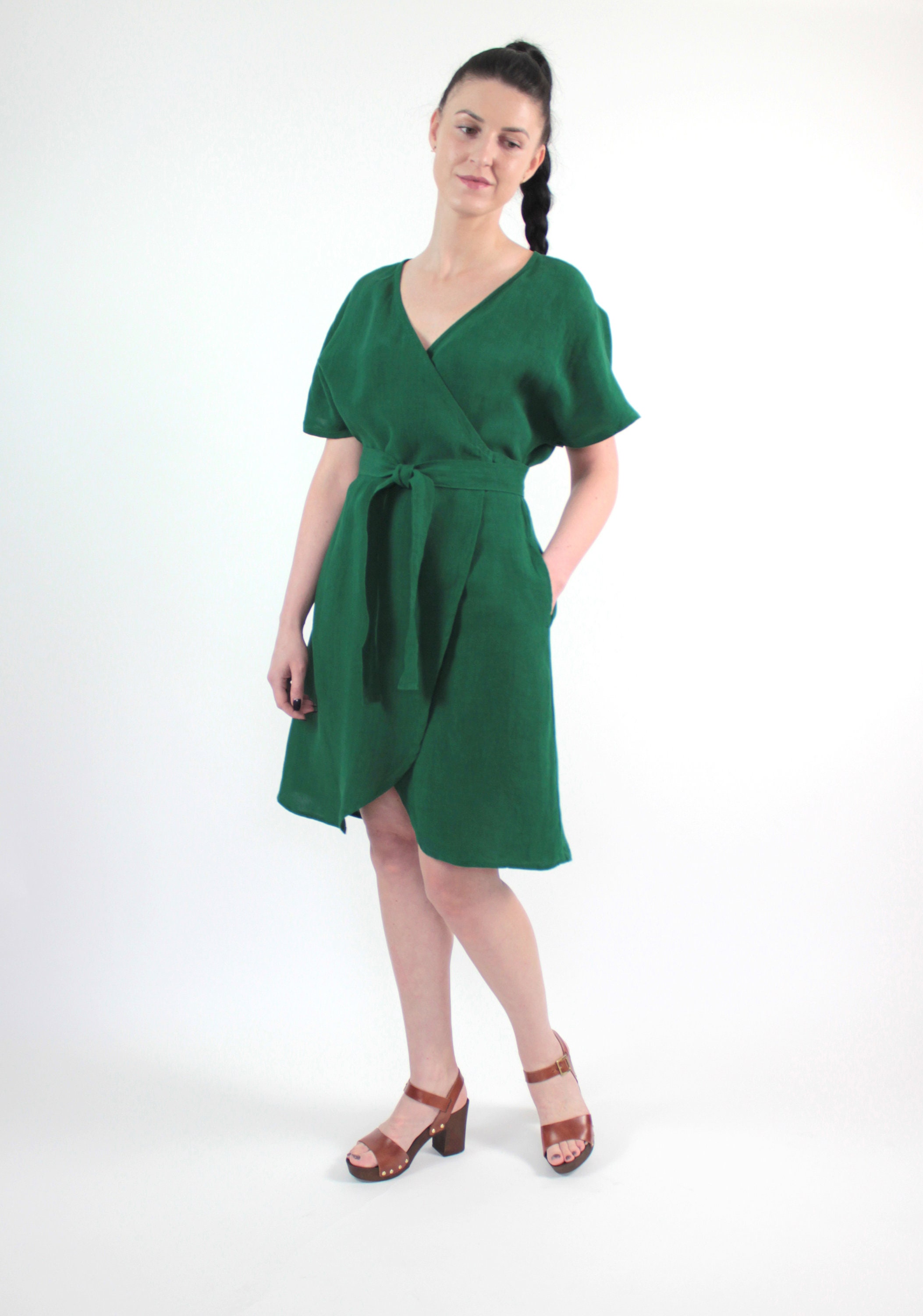 Emerald green linen kimono wrap summer dress with pockets Etsy