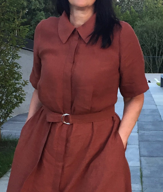 Washed linen A line long summer cinnamon brown dress with hidden closure, short sleeves and belt