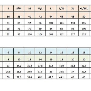 May include: Size chart for clothing with measurements in inches and centimeters. The chart includes sizes from XS to 5XL, with corresponding measurements for bust, waist, and hips.