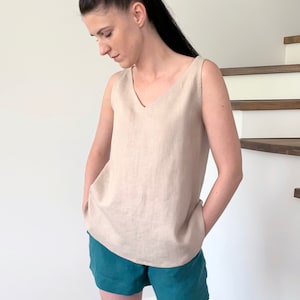 Washed linen beige long sleeveless tank top, summer sleeveless linen blouse, women&#39;s loose linen casual tank top, MaTuTu Linen Style