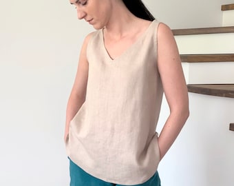 Débardeur long sans manches beige en lin lavé, chemisier en lin sans manches d'été, débardeur décontracté en lin ample pour femmes, MaTuTu Linen Style