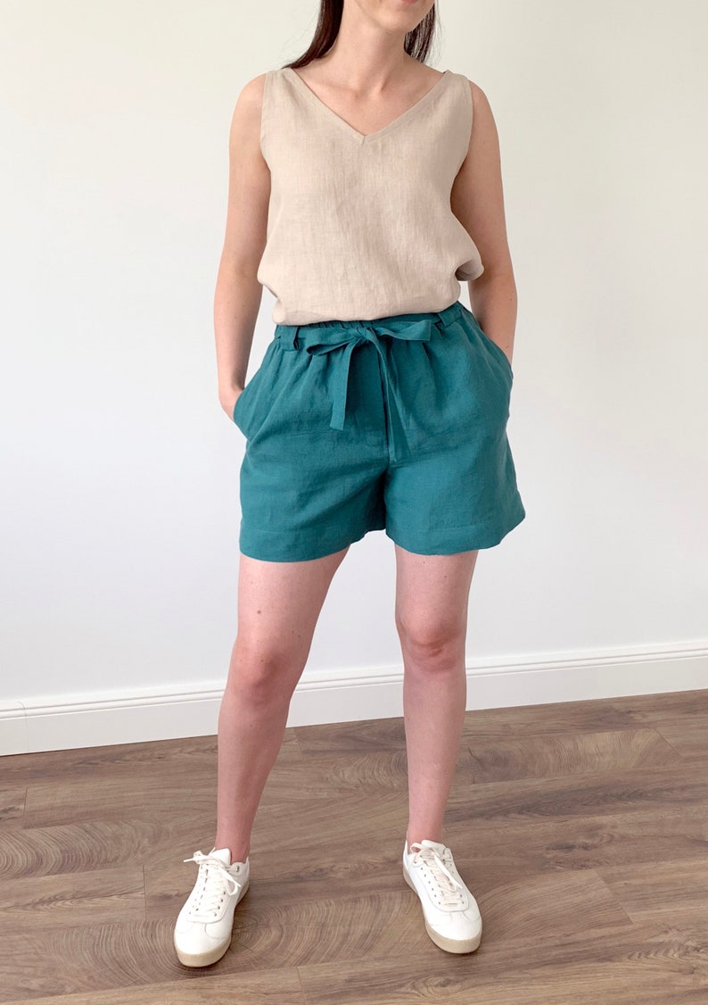 Washed linen viridian blue loose shorts with elastic regular waist and side pockets, natural boho linen shorts with belt for women image 1