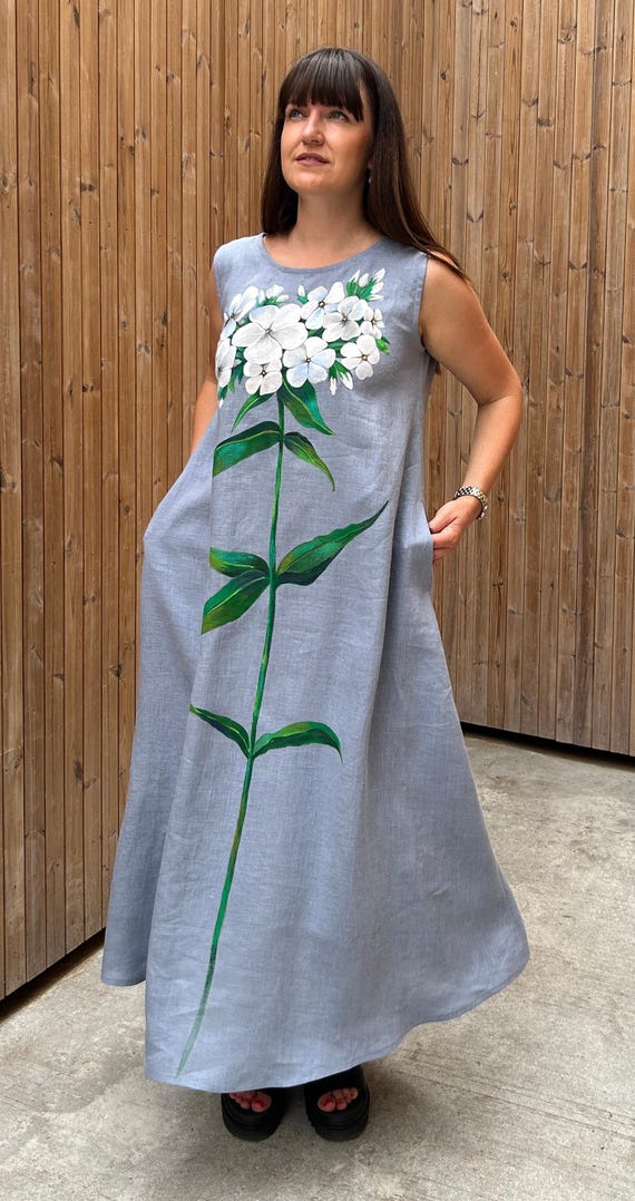 Hand Painted Linen Dress with Phlox Flower, Loose Maxi Linen Dress, Natural Linen Clothing, Oversized Summer Dress, Gift for women
