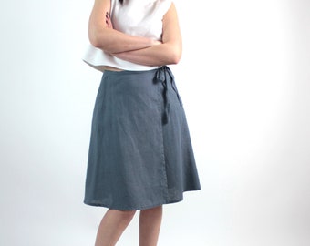 Grey linen wrap short skirt with pockets, loose linen knee length casual skirt, MaTuTu Linen Style