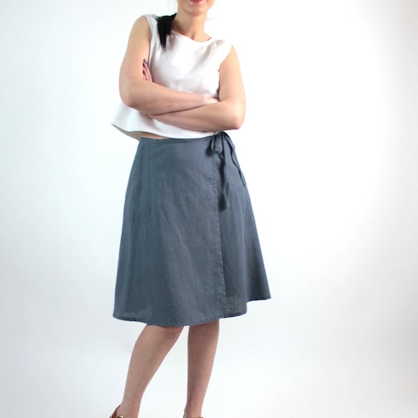 Grey linen wrap short skirt with pockets, loose linen knee length casual skirt, MaTuTu Linen Style