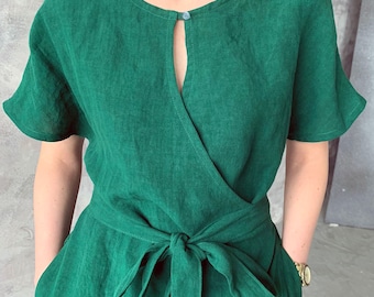 Linen loose kimono wrap summer dress with pockets, emerald green loose washed linen tunic with kimono sleeves and belt, MaTuTu linen Style