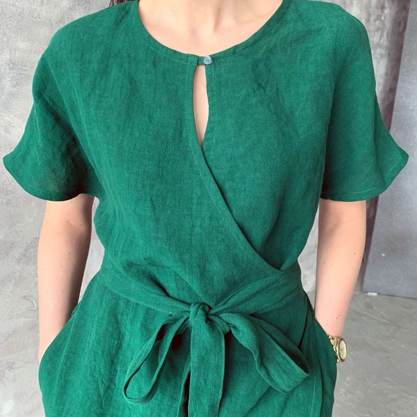 Robe d'été en lin ample kimono wrap avec poches, tunique en lin lavé vert émeraude avec manches kimono et ceinture, style lin MaTuTu