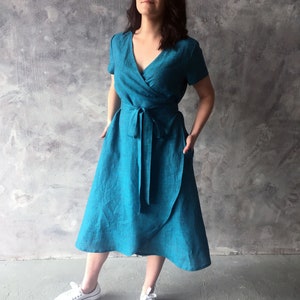 Linen comfortable and loose short sleeves wrap summer dress with pockets and belt, Turquoise blue loose wrap natural washed linen dresses