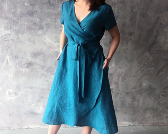 Linen comfortable and loose short sleeves wrap summer dress with pockets and belt, Turquoise blue loose wrap natural washed linen dresses
