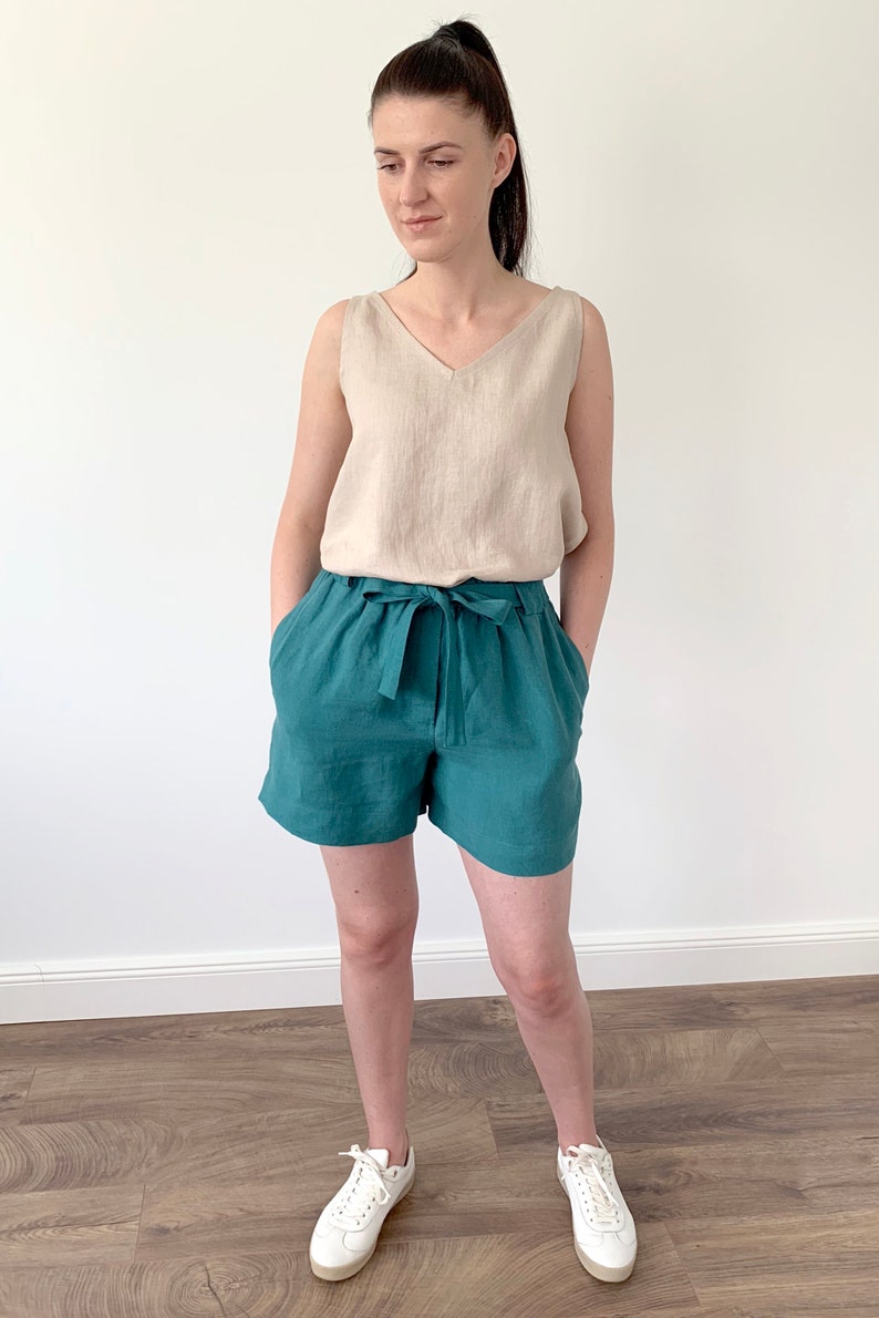 Washed linen viridian blue loose shorts with elastic regular waist and side pockets, natural boho linen shorts with belt for women image 4