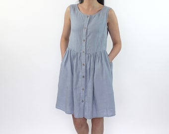 Linen loose light blue sleeveless dress with wooden buttons and pockets, light blue linen comfortable summer dress, linen ruffled dress