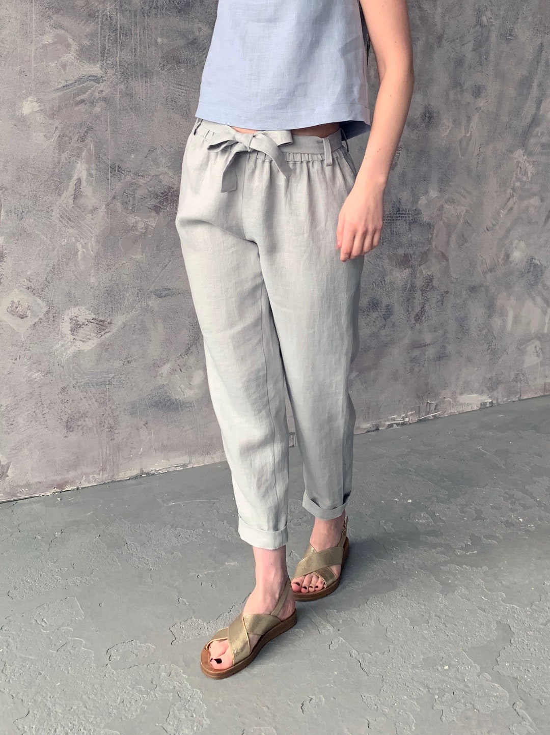 Elastic Waist Natural Light Grey Linen Pants With Belt and - Etsy