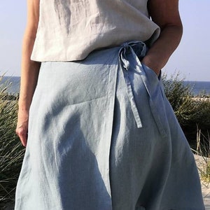 High waist linen wrap short skirt with pockets, loose linen knee length casual skirt, A-line linen everyday skirt MaTuTu Linen Style