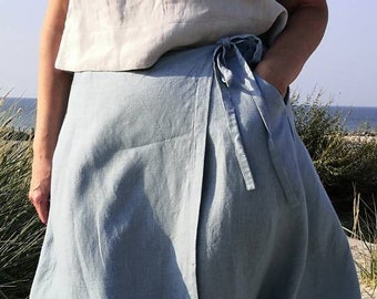 High waist linen wrap short skirt with pockets, loose linen knee length casual skirt, A-line linen everyday skirt MaTuTu Linen Style