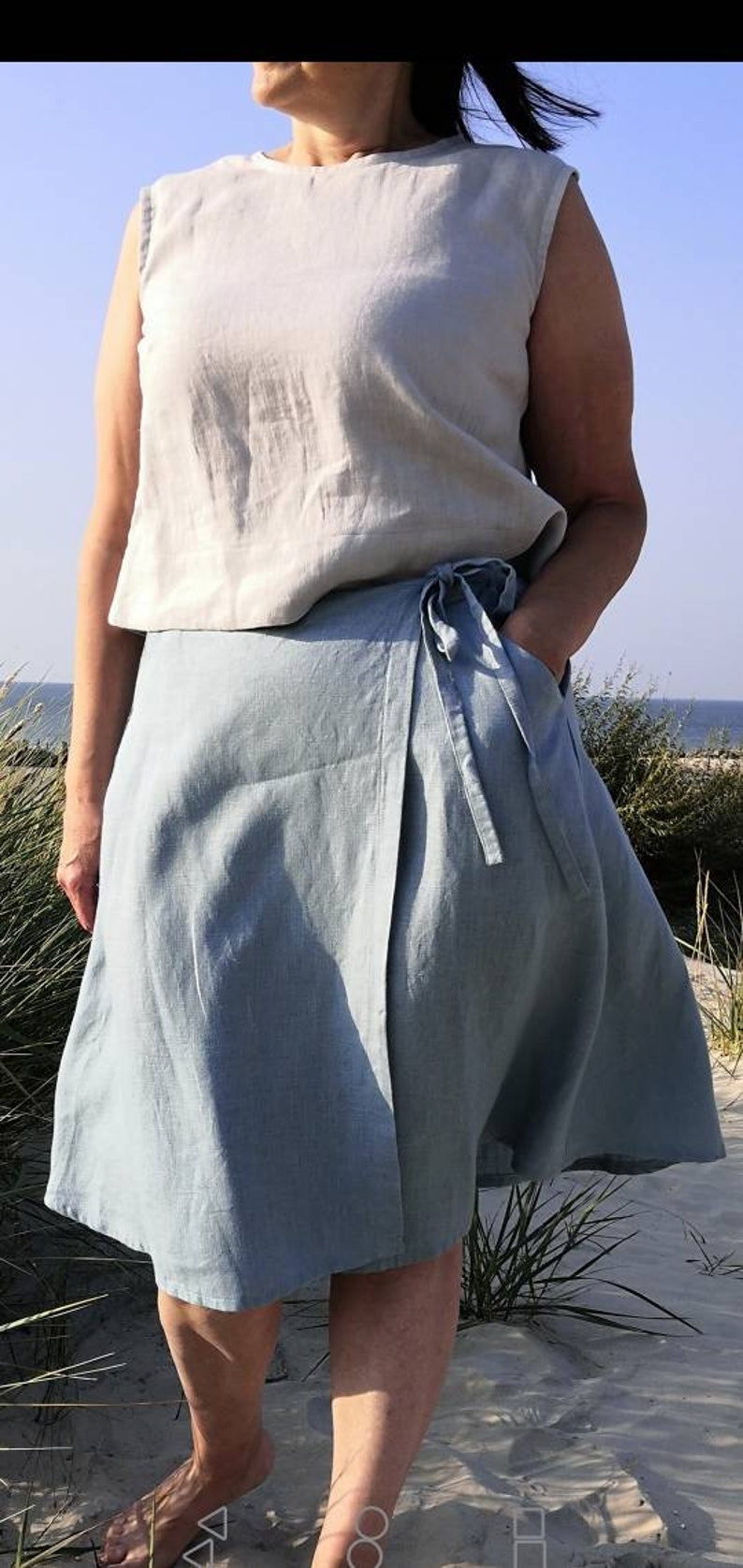 High waist linen wrap short skirt with pockets, loose linen knee length casual skirt, A-line linen everyday skirt MaTuTu Linen Style image 1