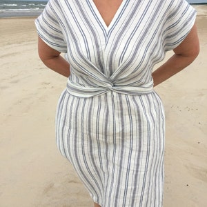 Straight washed striped linen mid calf dress with short kimono sleeves and pockets, deep V-neck linen sundress with belt image 5