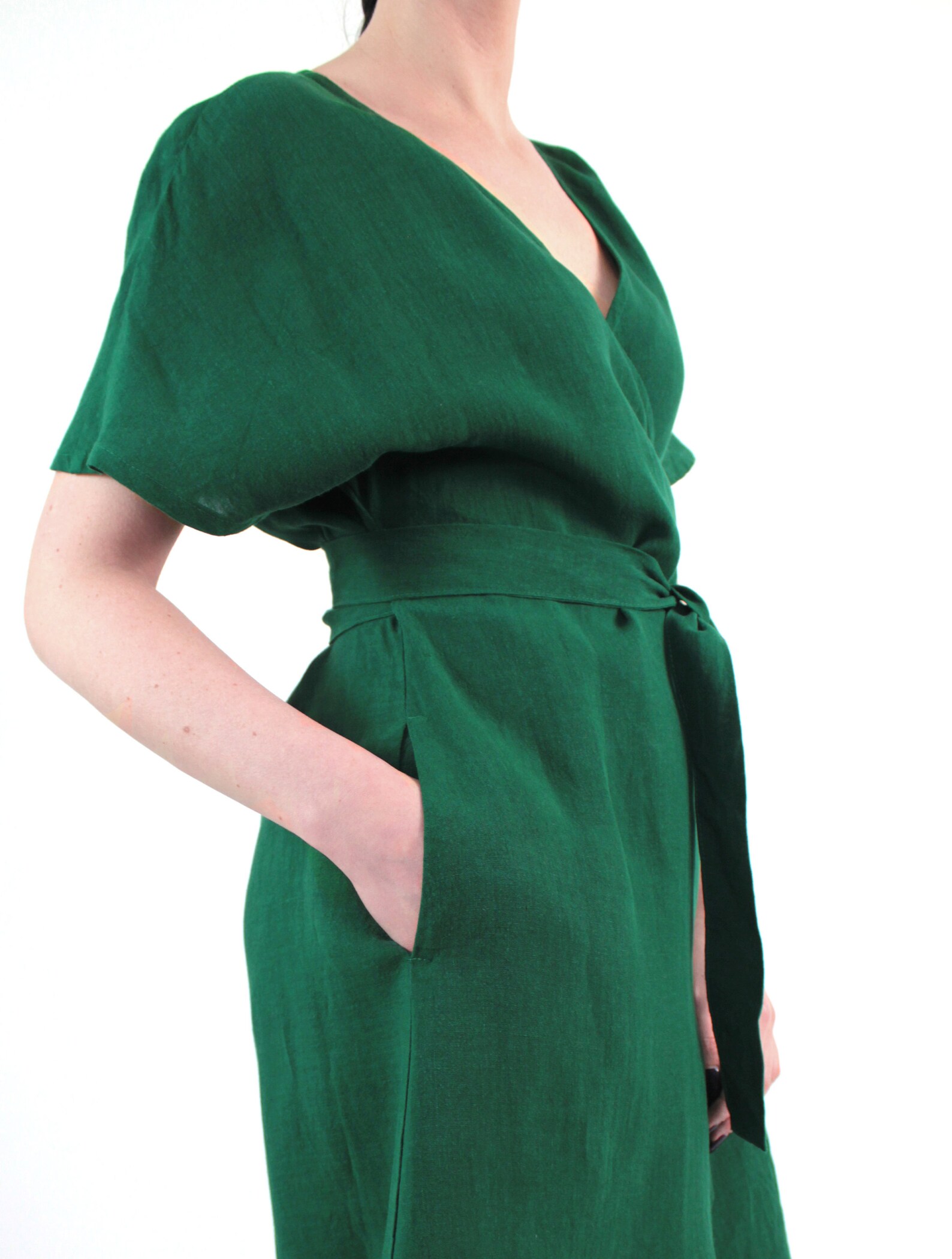 Emerald Green Linen Kimono Wrap Summer Dress With Pockets Etsy