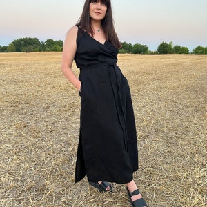Black linen dress - Long dress - Summer dress - Wrap linen dress - Matutu linen dress