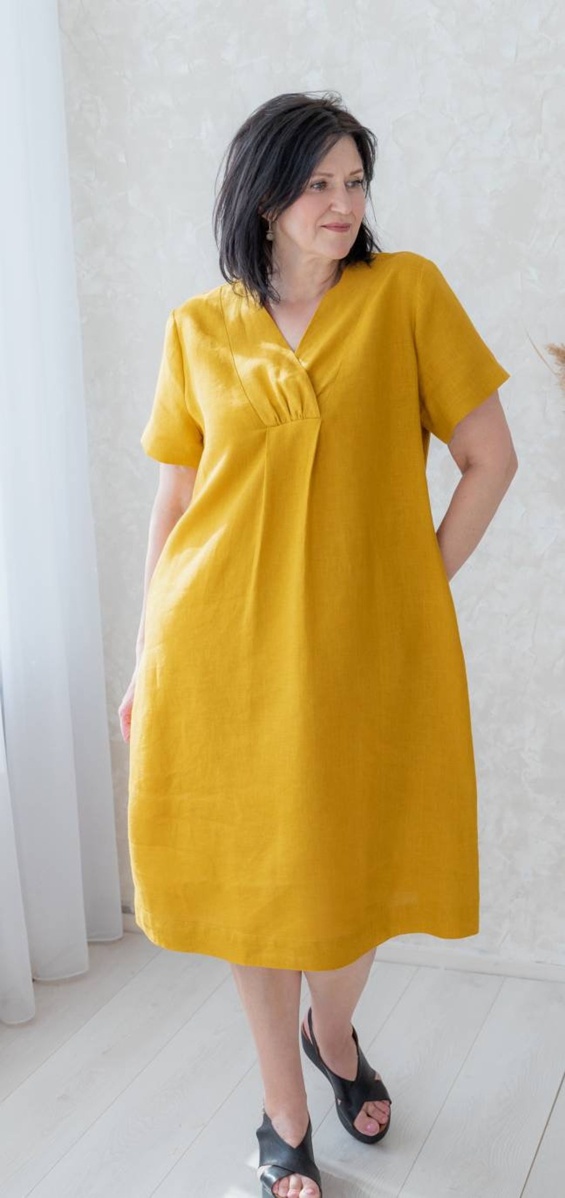 Weiches gewaschenes Leinen Midi Kleid mit kurzen Ärmeln | Etsy