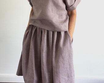 Loose washed linen midi skirt with pockets, casual and comfortable dusty lilac soft pure linen skirt, MaTuTu Linen Style