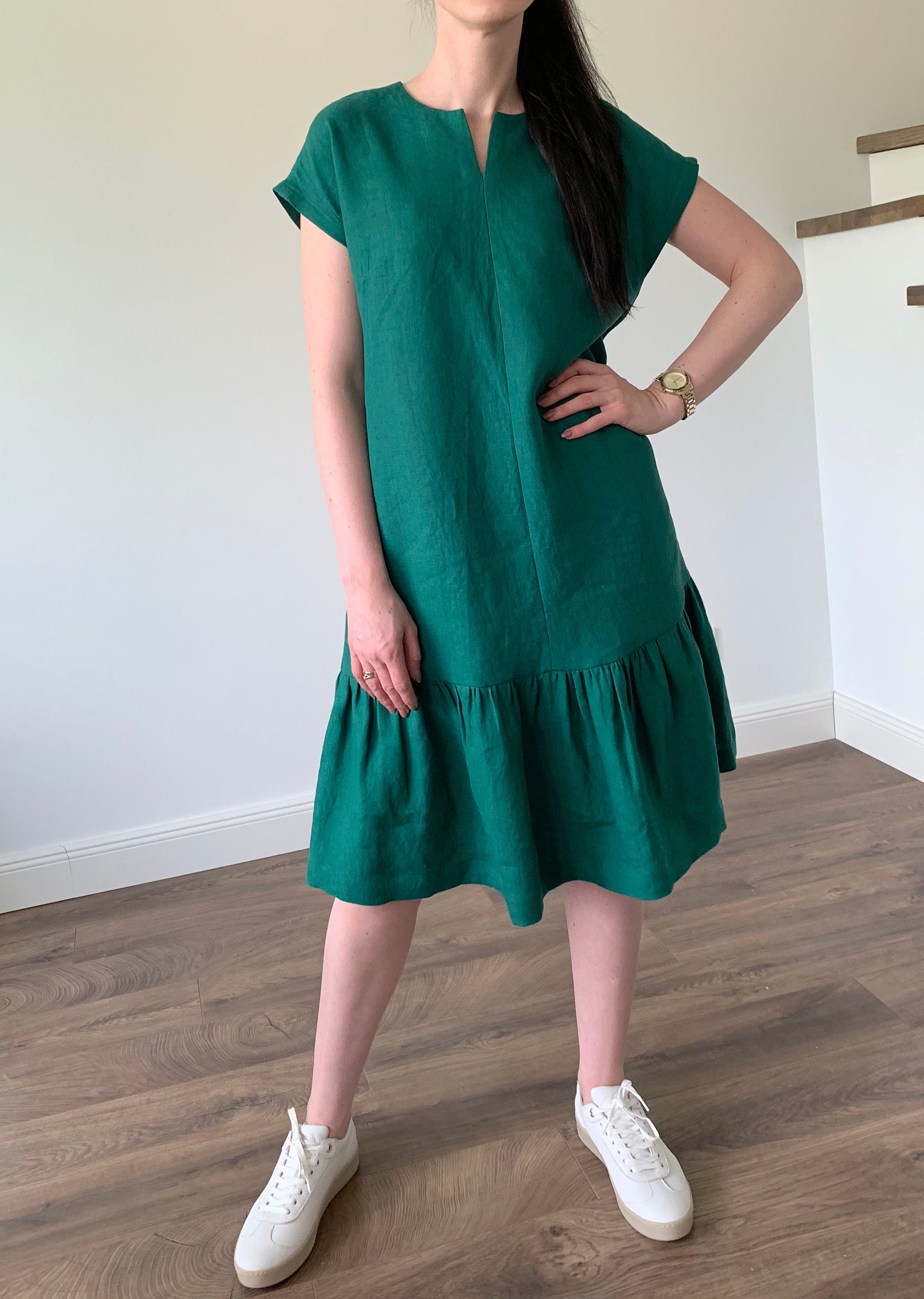 knee length dresses for ladies Green Linen Belted Midi Dress – JO+CO main image 1