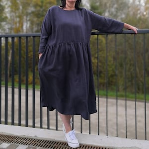 Soft linen loose 3/4 sleeves drop-off shoulders dress with pockets, graphite grey soft washed linen loose midi summer dress image 1