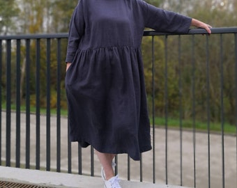 Soft linen loose 3/4 sleeves drop-off shoulders dress with pockets, graphite grey soft washed linen loose midi summer dress