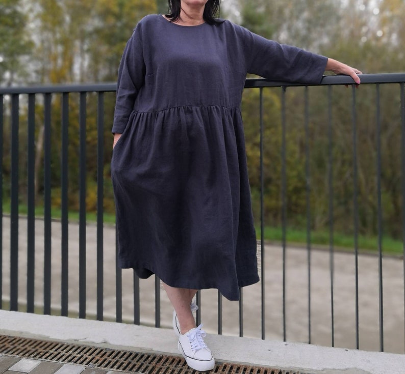 Soft linen loose 3/4 sleeves drop-off shoulders dress with pockets, graphite grey soft washed linen loose midi summer dress image 1